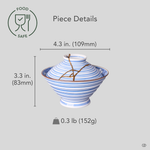 Size reference for a kintsugi bowl with lid in Arita porcelain restored with natural urushi and 24K gold: 109 mm wide, 83 mm tall, 152 g.