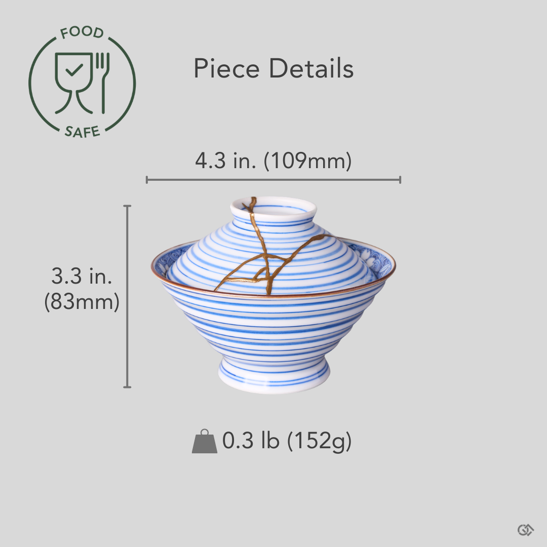 Size reference for a kintsugi bowl with lid in Arita porcelain restored with natural urushi and 24K gold: 109 mm wide, 83 mm tall, 152 g.