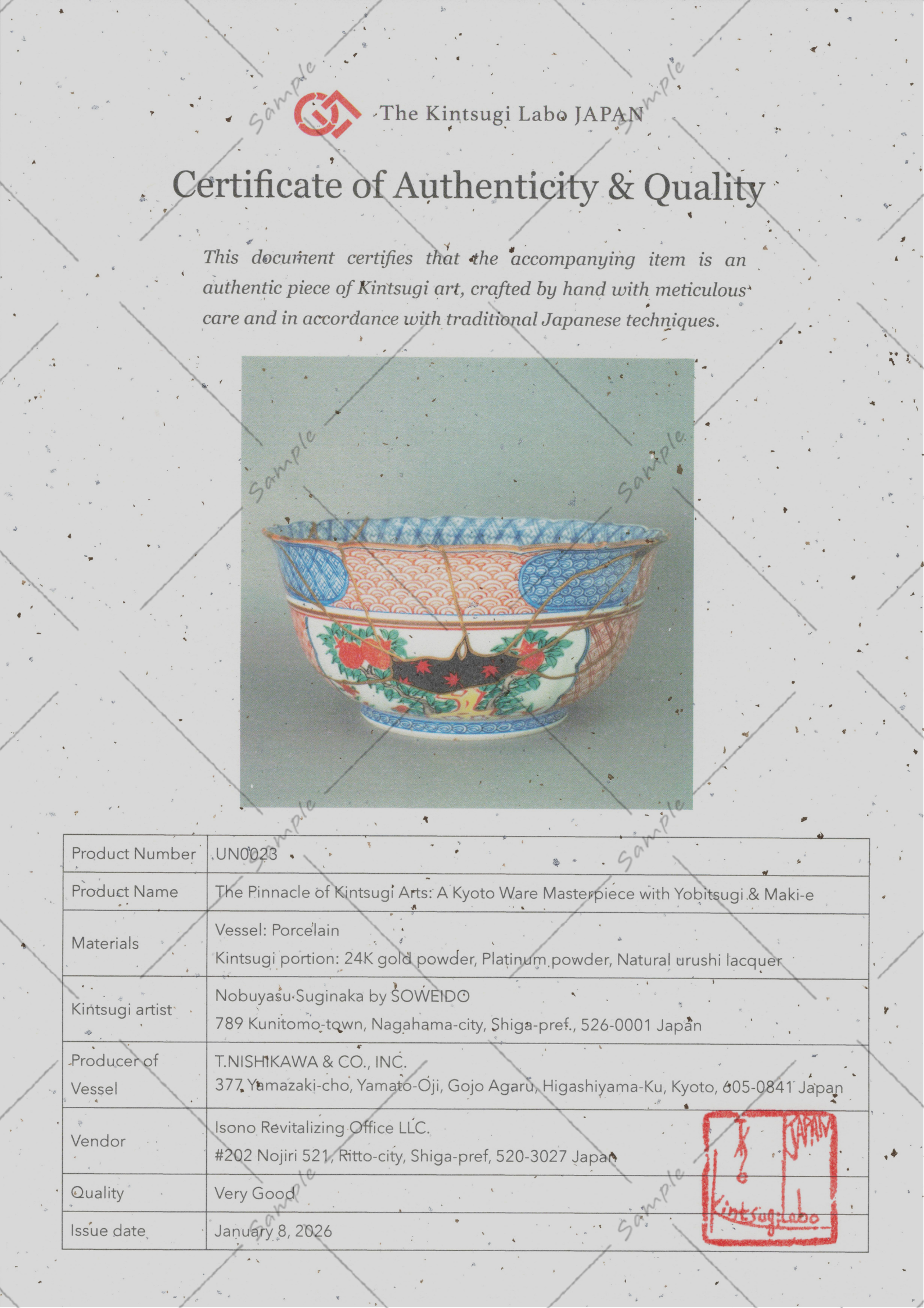 Certificate of Authenticity for an authentic Kintsugi artwork, printed on traditional Japanese washi paper with our original artisan seal, certifying handcrafted urushi lacquer restoration made in Japan.