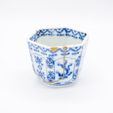 Authentic kintsugi Ko-Imari soup cup Blue Dragon with antique blue and white porcelain and 24K gold repair — beauty in brokenness, praised by a verified buyer from California