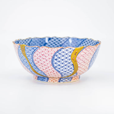 Authentic kintsugi Kyoto ware fruit bowl Colored Carp with vibrant hand-painted design and 24K gold repair — thought and care in every piece, praised by an on-site buyer from Hawaii