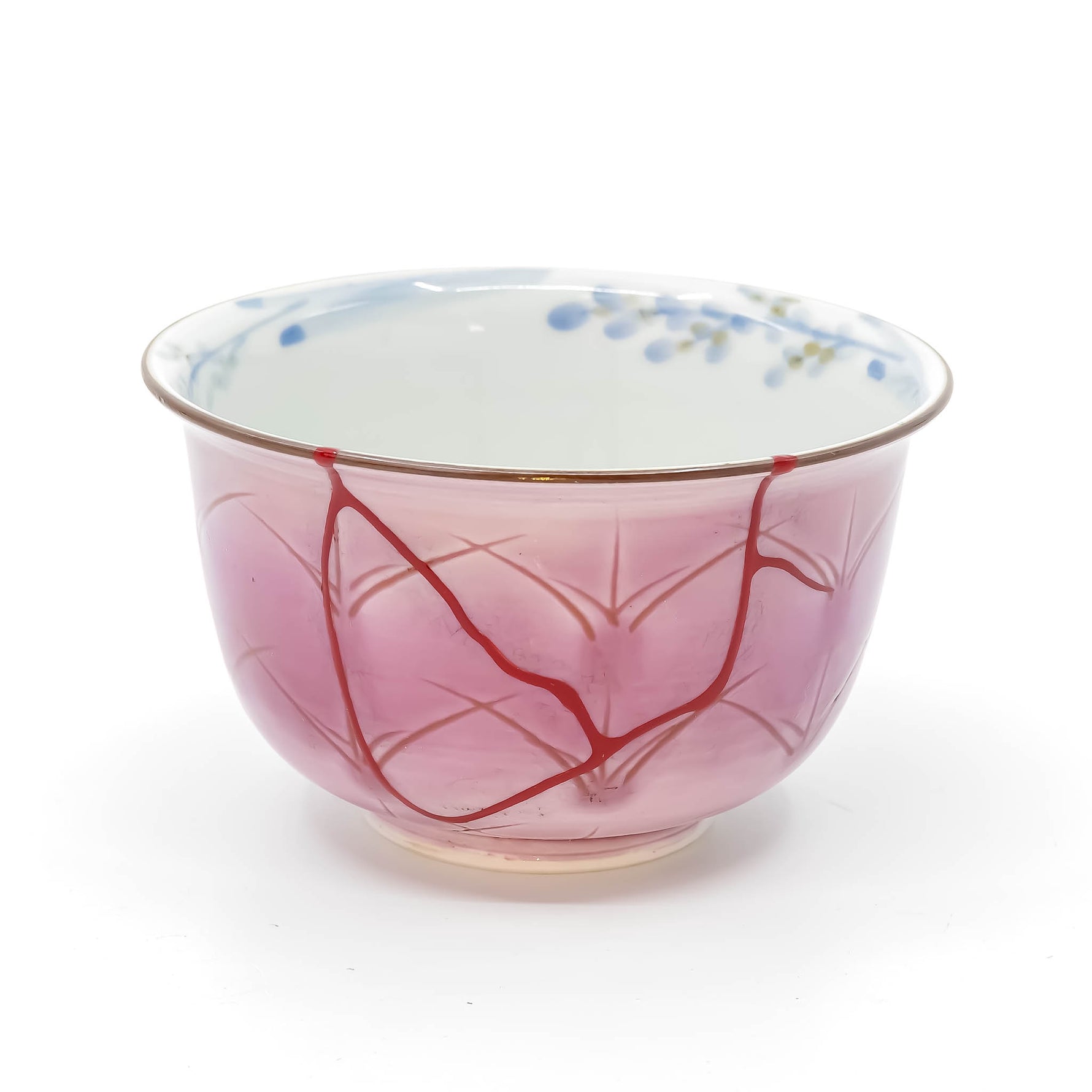 Authentic kintsugi Kyoto ware sake cup Purple Ko-chi with delicate botanical pattern and vermilion urushi network — embracing imperfect beauty, praised by on-site buyers from Sydney Australia
