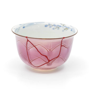 Authentic kintsugi Kyoto ware sake cup Purple Ko-chi with delicate botanical pattern and vermilion urushi network — embracing imperfect beauty, praised by on-site buyers from Sydney Australia