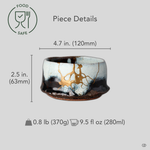 Size reference for a kintsugi matcha bowl in Karatsu stoneware restored with natural urushi and 24K gold: 120 mm wide, 63 mm tall, 370 g, 280 ml.
