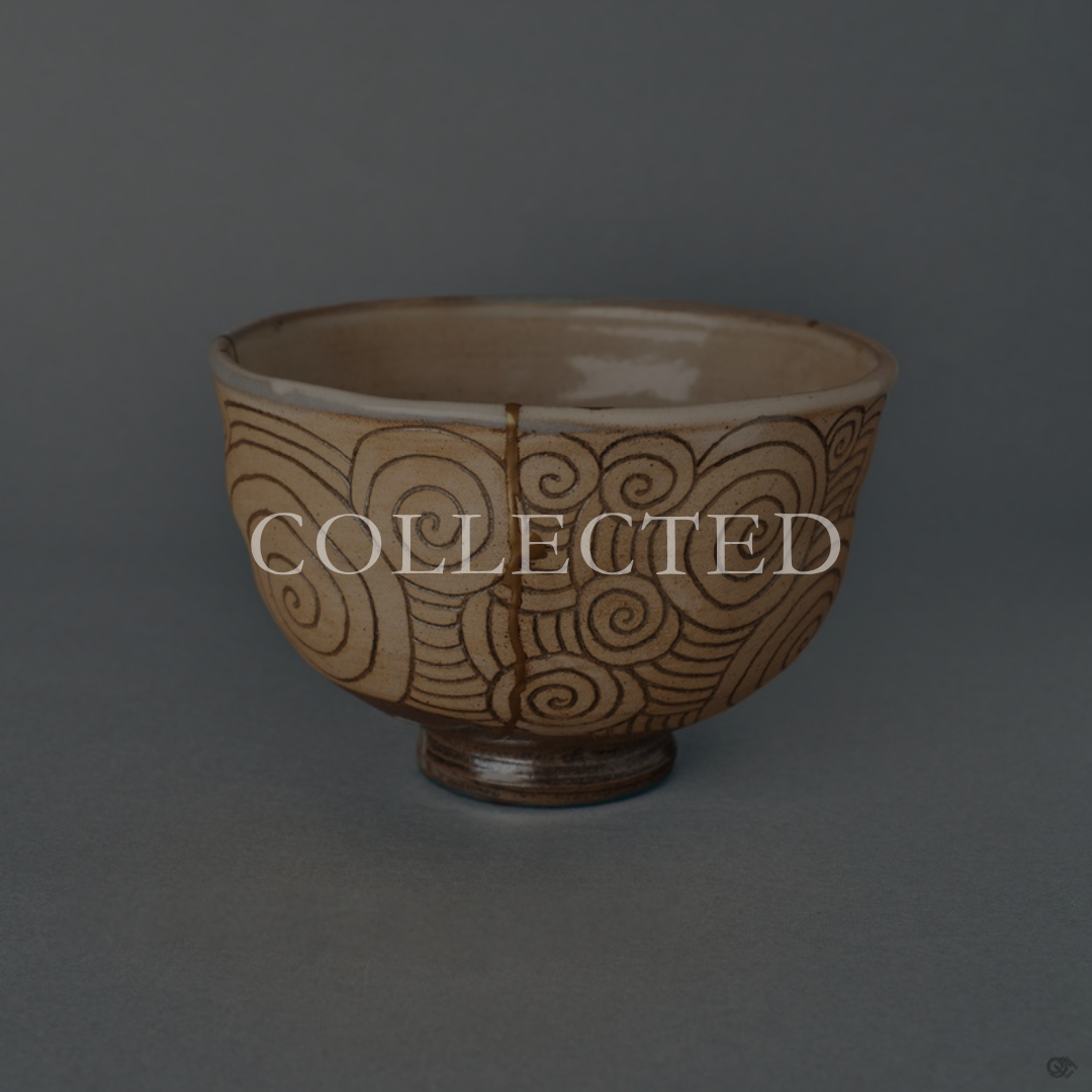 24K gold kintsugi Kyoto ware matcha bowl with incised spirals, marked COLLECTED