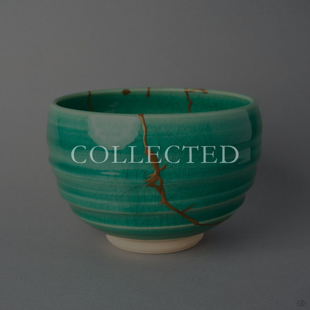Kintsugi matcha bowl in Kyoto ware with urushi and 24K gold seams on emerald crackle glaze, shown with the collected badge. Collected.