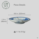 Size reference for a kintsugi plate in sometsuke Ko-Imari porcelain restored with natural urushi and 24K gold: 223 mm wide, 48 mm tall, 512 g.