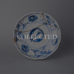 Kintsugi plate in Ko-Imari sometsuke porcelain with line-drawn camellias, restored with natural urushi and 24K gold, front view. Collected.