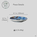 Size reference for a kintsugi plate in sometsuke Ko-Imari porcelain restored with natural urushi, urushi-e and 24K gold: 105 mm wide, 19 mm tall, 80 g.