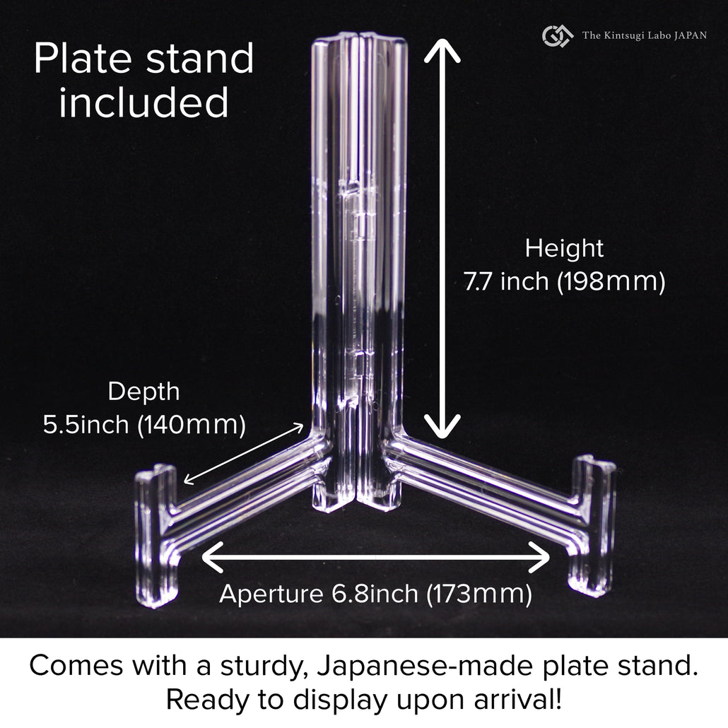 Plastic plate stand used to present a Kintsugi art plate, showing a practical display solution.