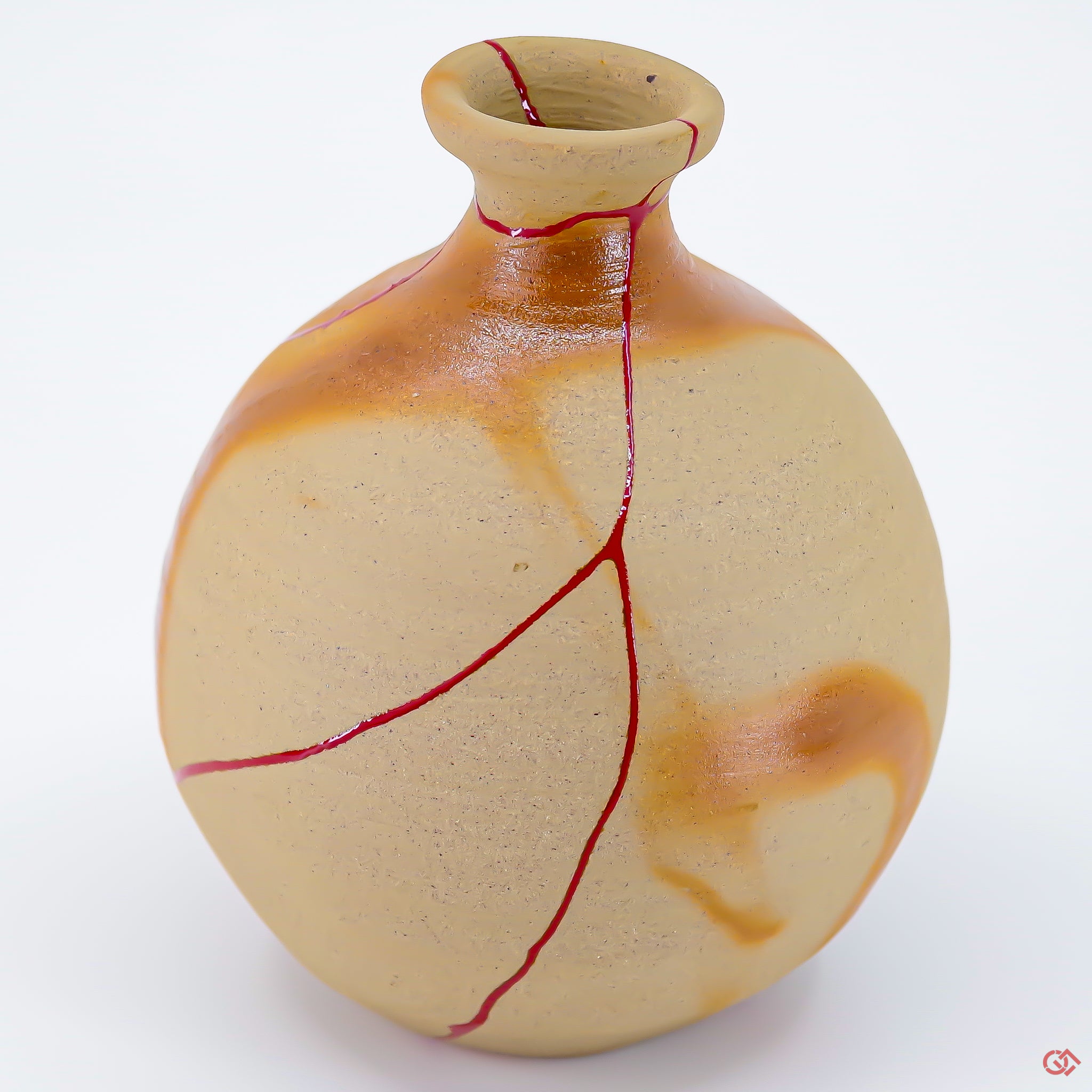A close-up photo of an authentic Kintsugi pottery piece, showing the detail of its repairs and artisty.
