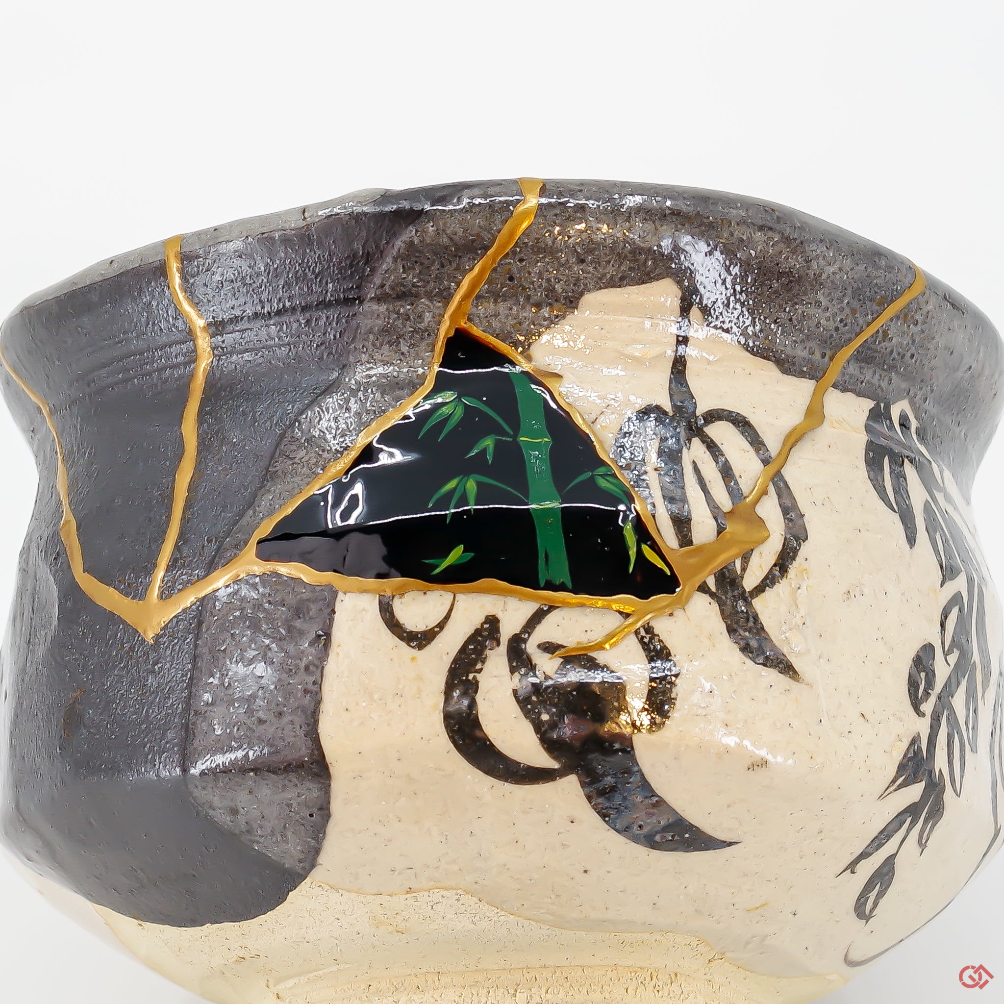 A close-up photo of an authentic Kintsugi pottery piece, showing the detail of its repairs and artisty. craftsmanship.