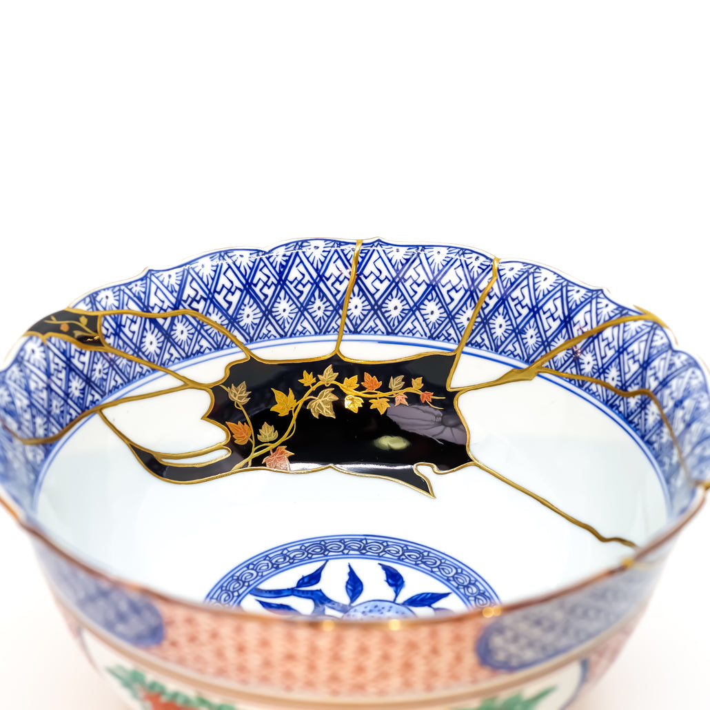 Close-up of authentic Kintsugi pottery repair.