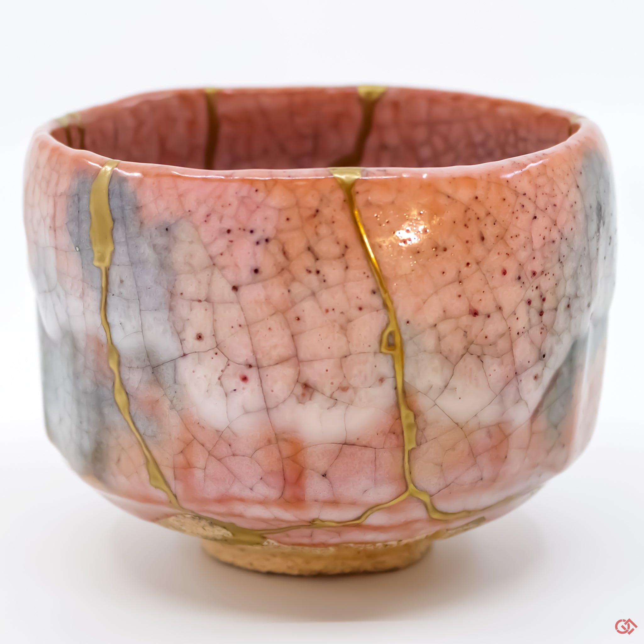 Authentic Kintsugi Matcha Bowl Gozan, Red-raku type, Kyoto ware