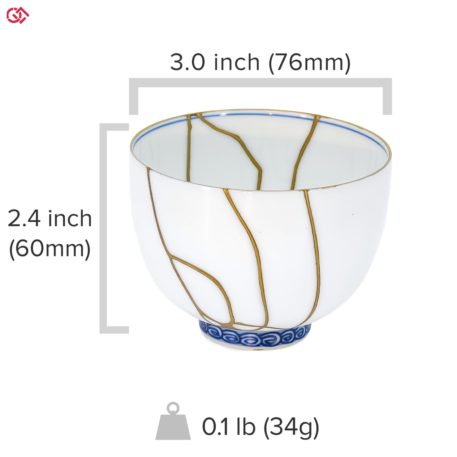 Photo of an authentic Kintsugi pottery with a text overlay indicating the size of the piece