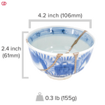 A photo of an authentic Kintsugi pottery piece with a text overlay indicating the size of the piece.