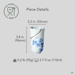 Size reference for a kintsugi sake cup in thin Arita porcelain restored with natural urushi and finished in 24K gold: 55 mm wide, 96 mm tall, 92 g, 110 ml.