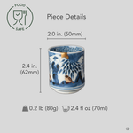 Size reference for a kintsugi sake cup in Ko-Imari porcelain restored with natural urushi and 24K gold: 50 mm wide, 62 mm tall, 80 g, 70 ml.