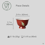 Size reference for a kintsugi sake cup in red Kyoto ware porcelain restored with natural urushi and 24K gold: 62 mm wide, 43 mm tall, 25 g, 40 ml.