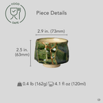 Size reference for a kintsugi sake cup in Oribe green pottery restored with natural urushi and 24K gold: 73 mm wide, 63 mm tall, 162 g, 120 ml.