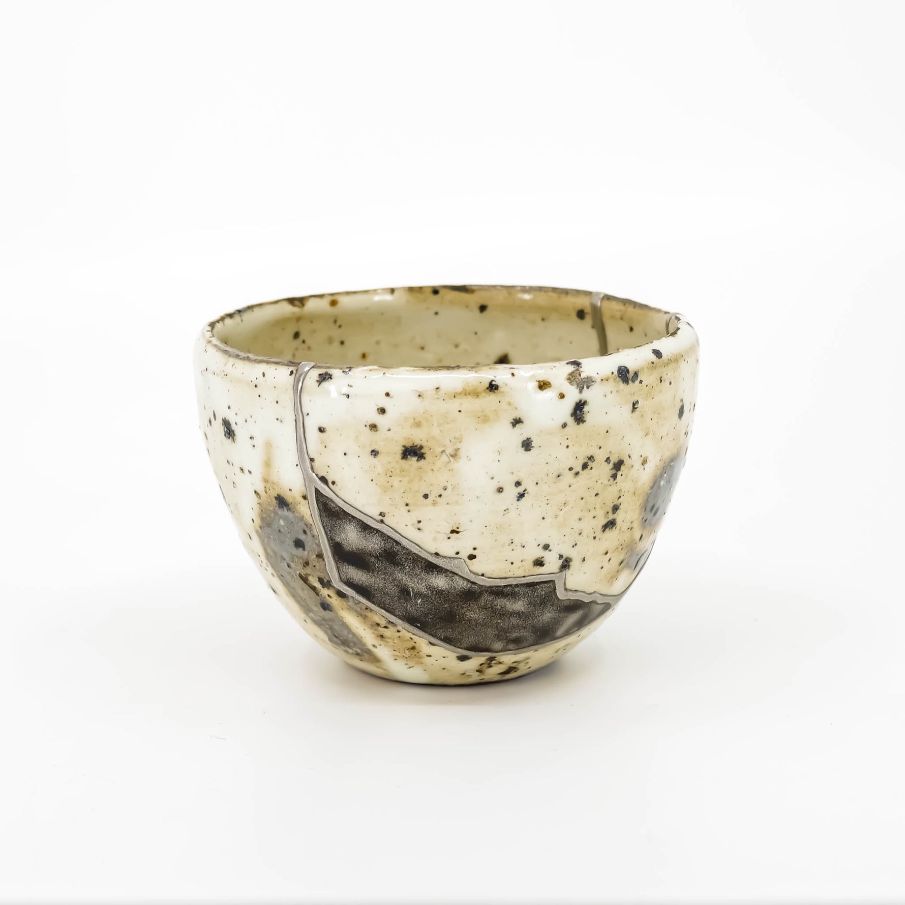 Unique kintsugi Shigaraki ware sake cup Metallic Black with gintsugi silver repair — a dream fulfilled, praised by a returning customer from Ontario Canada