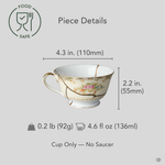 Size reference for a kintsugi tea cup in cream Early Noritake porcelain restored with natural urushi and 24K gold: 110 mm wide, 55 mm tall, 92 g, 136 ml.
