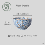 Size reference for a kintsugi tea cup in Kyoto ware restored with natural urushi and 24K gold: 88 mm wide, 53 mm tall, 76 g, 135 ml.