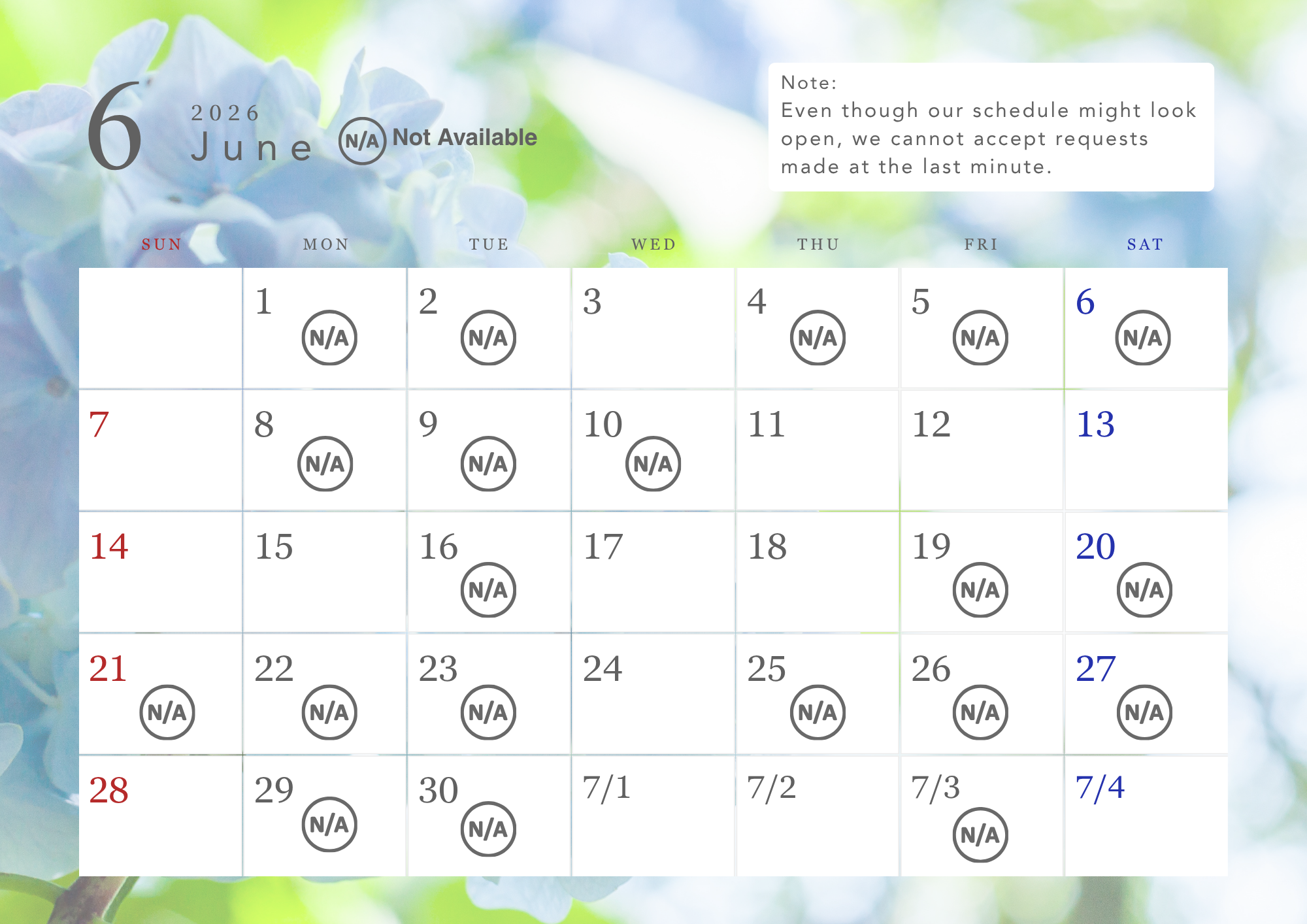Visit calendar for The Kintsugi Labo JAPAN web store, showing available private shopping dates and studio appointments in June 2026.