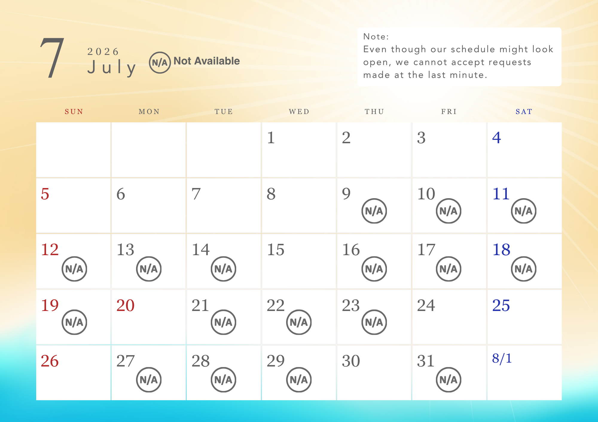 Visit calendar for The Kintsugi Labo JAPAN web store, showing available private shopping dates and studio appointments in July 2026.