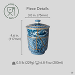 Size reference for a kintsugi lidded tea cup in Kyoto ware: 75 mm wide, 117 mm tall, 229 g, 200 ml, restored with natural urushi and 24K gold.