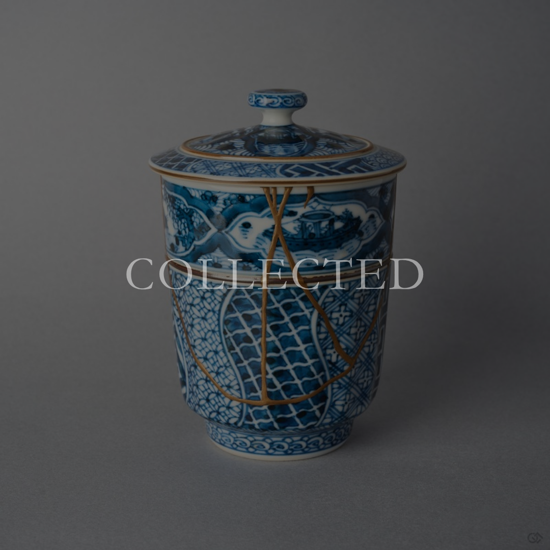 Kyoto ware lidded tea cup restored by kintsugi with urushi and 24K gold, sometsuke shonzui panels and sansui band, shown with the collected badge. Collected.