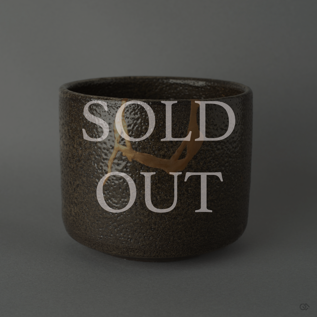 Authentic Japanese Kintsugi tea bowl, hand restored with urushi lacquer and 24K gold, marked sold out.