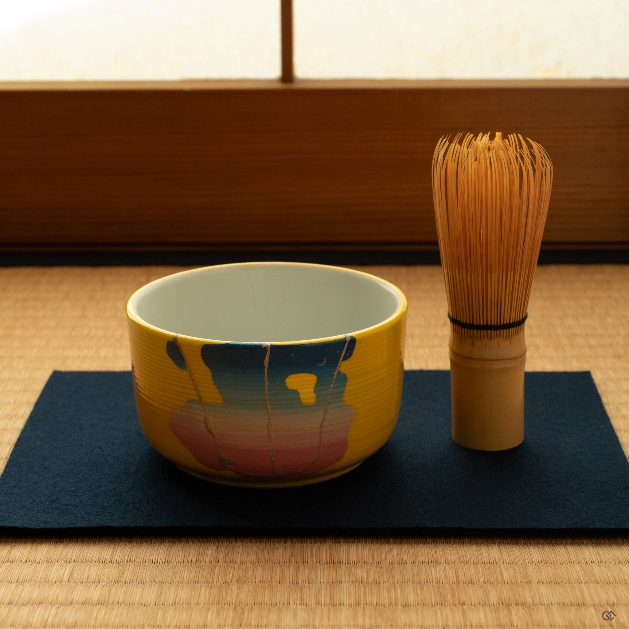 Kintsugi bowl sits on tatami in soft light; the tea ceremony becomes intentional living with this mindful object. Ready to ship.