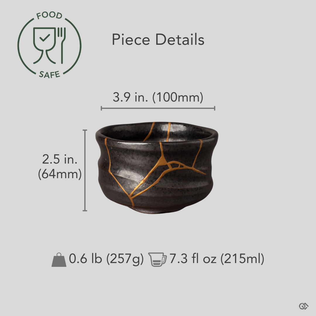 Kintsugi Arita matcha bowl with diameter, height, and weight measurements overlaid on the front view, gold seams across dark glaze.