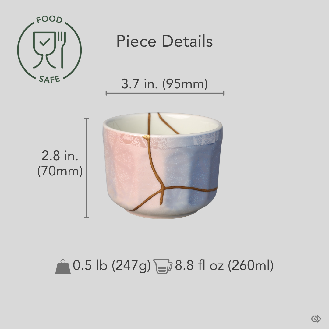Kintsugi Arita matcha bowl shown front-on with diameter, height, and weight overlaid, gold seams across the pastel glaze — heritage luxury.