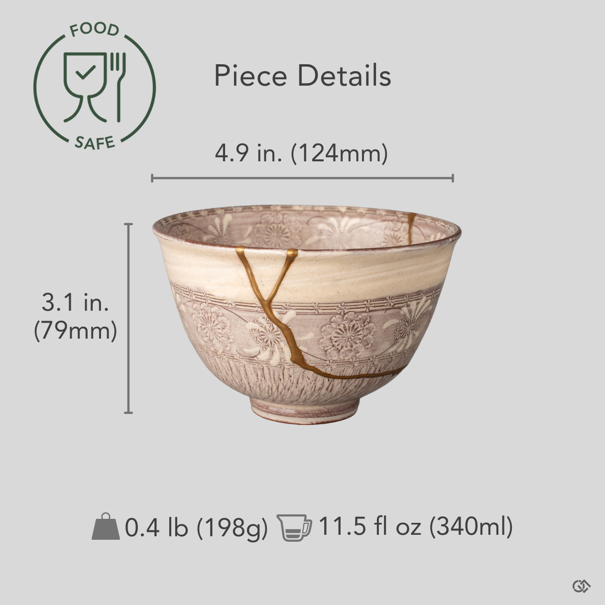 A Kyoto kintsugi matcha bowl shown in hand, purple Mishima glaze and gold seams revealing scale and enduring legacy.
