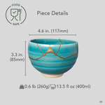 Kintsugi Kyoto matcha bowl with diameter, height, and weight overlaid on the front view; gold seams cross the turquoise crackle glaze.