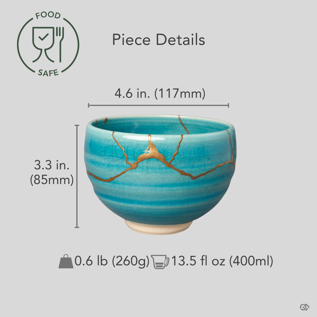 Kintsugi Kyoto matcha bowl with diameter, height, and weight overlaid on the front view; gold seams cross the turquoise crackle glaze.