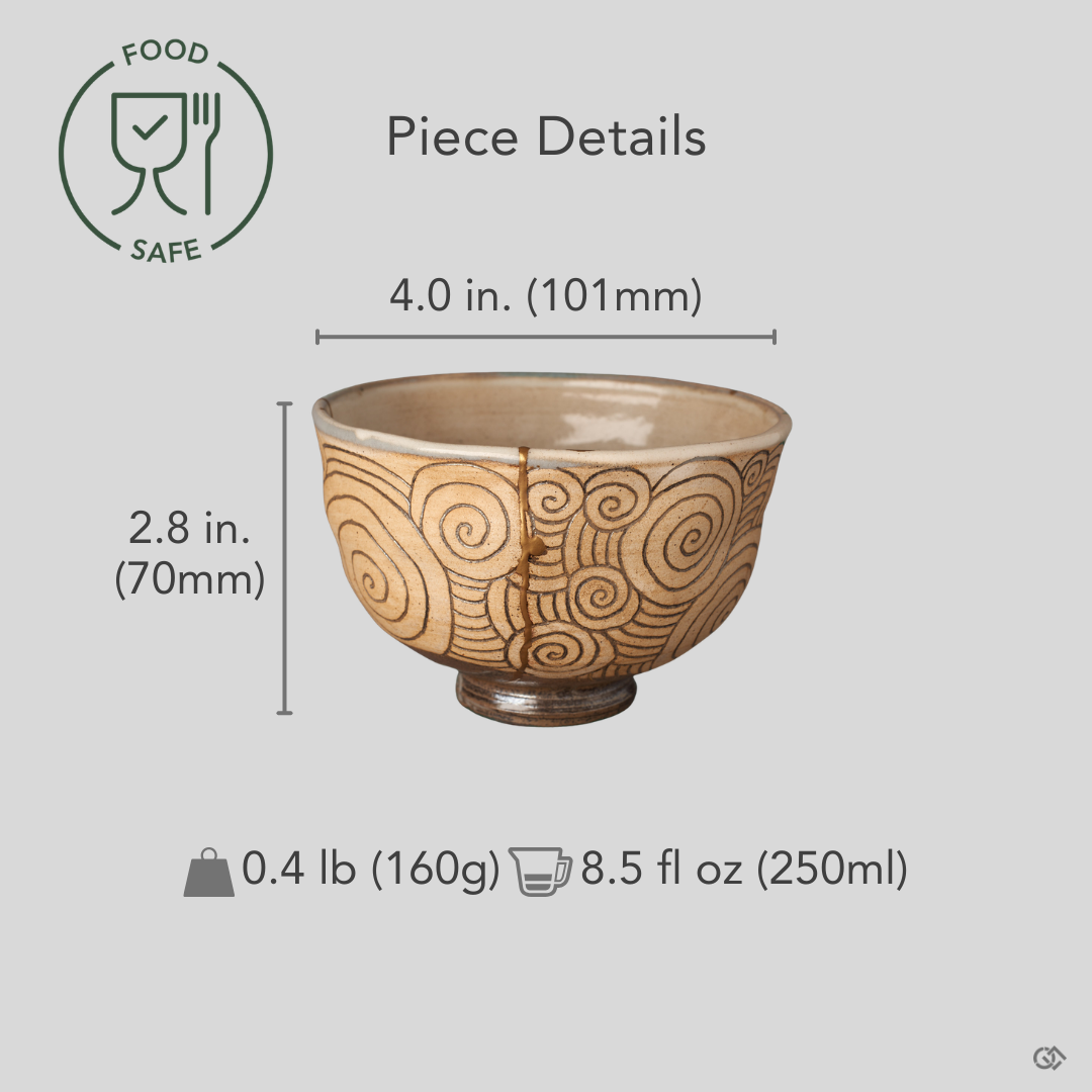 Kintsugi Kyoto matcha bowl with diameter, height, and weight overlaid on the front view, gold seam over carved spirals, heritage luxury.