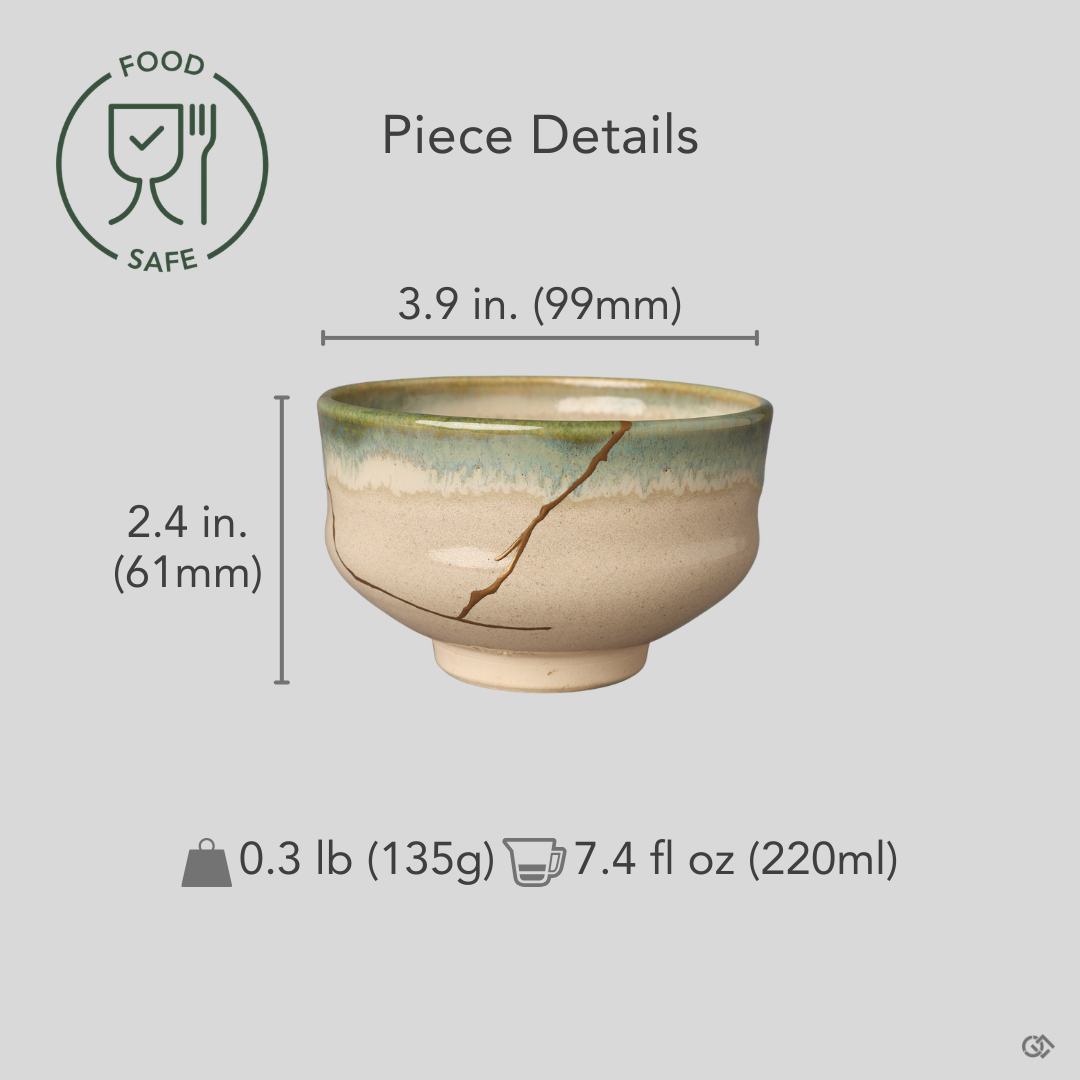Kintsugi Kyoto matcha bowl with diameter, height, and weight overlaid on the front view, gold seam visible across the ivory body, conscious luxury.