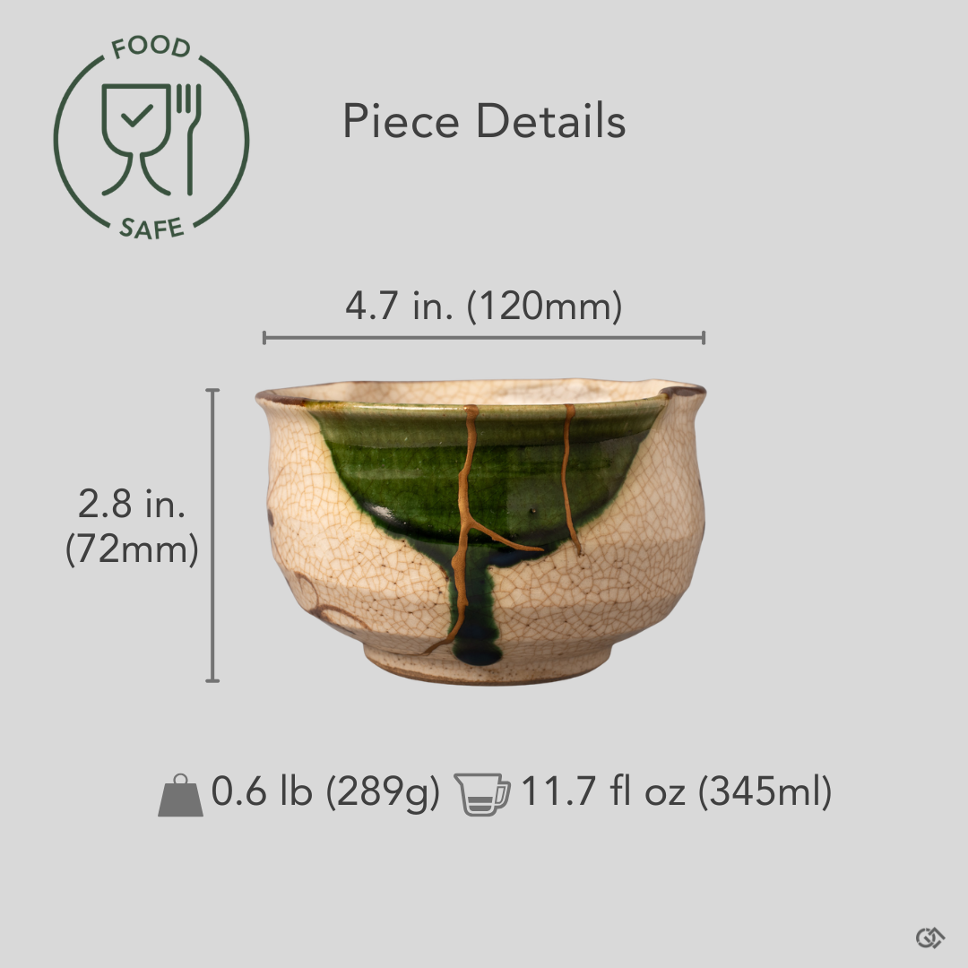 Kintsugi Oribe matcha bowl with dimensions shown in text overlay, the robust form and gold restoration detail clearly visible, a collector's treasure.