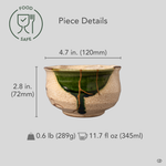 Kintsugi Oribe matcha bowl with dimensions shown in text overlay, the robust form and gold restoration detail clearly visible, a collector's treasure.