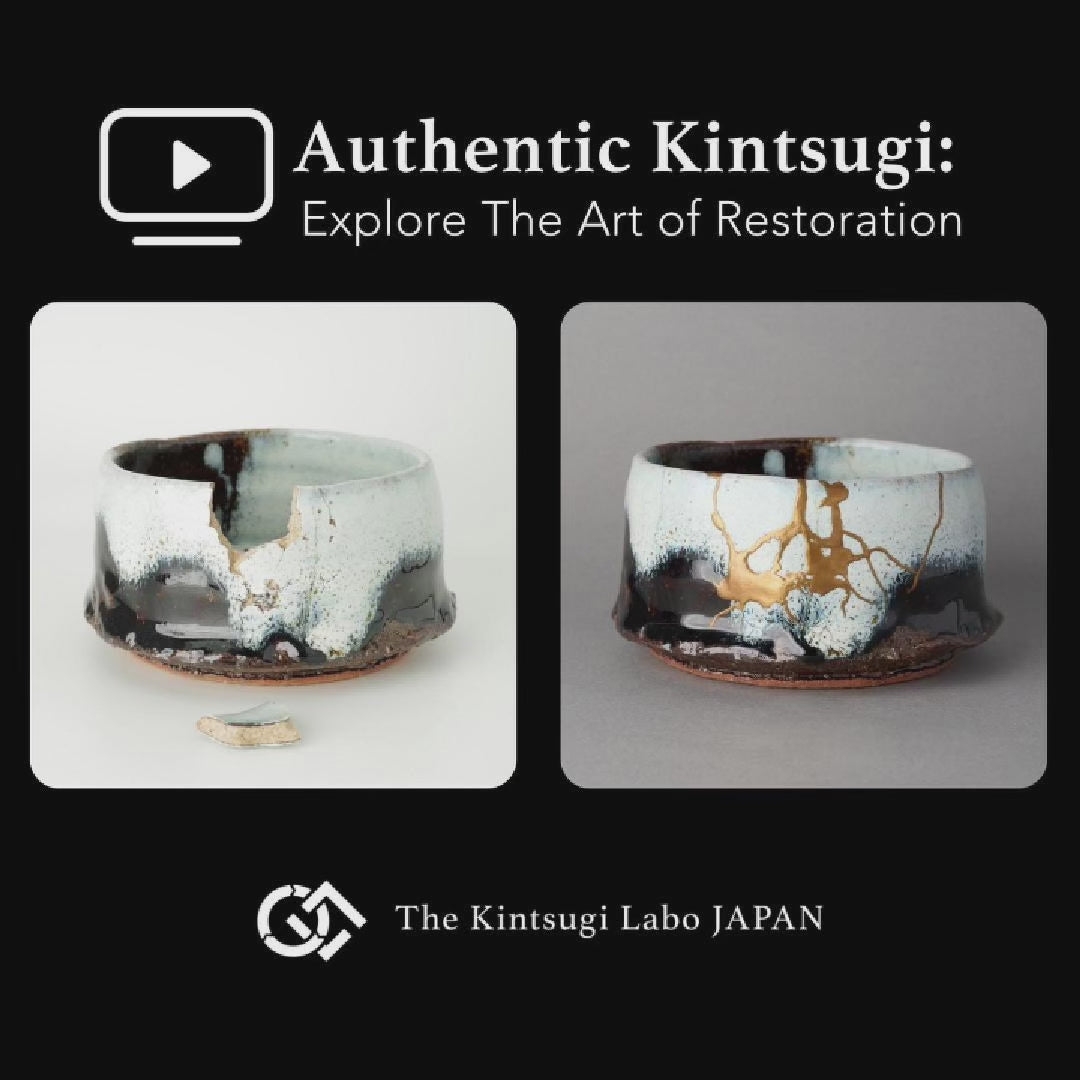 A lacquer artist restoring a Karatsu ware matcha bowl with natural urushi and 24K gold, showing the kintsugi process in the studio.
