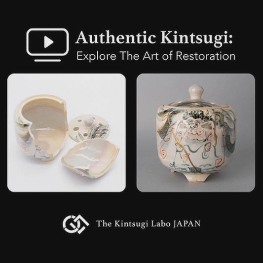 The kintsugi process documented: an ancient Kyoto incense burner transformed through the art of revival from broken to beautiful.