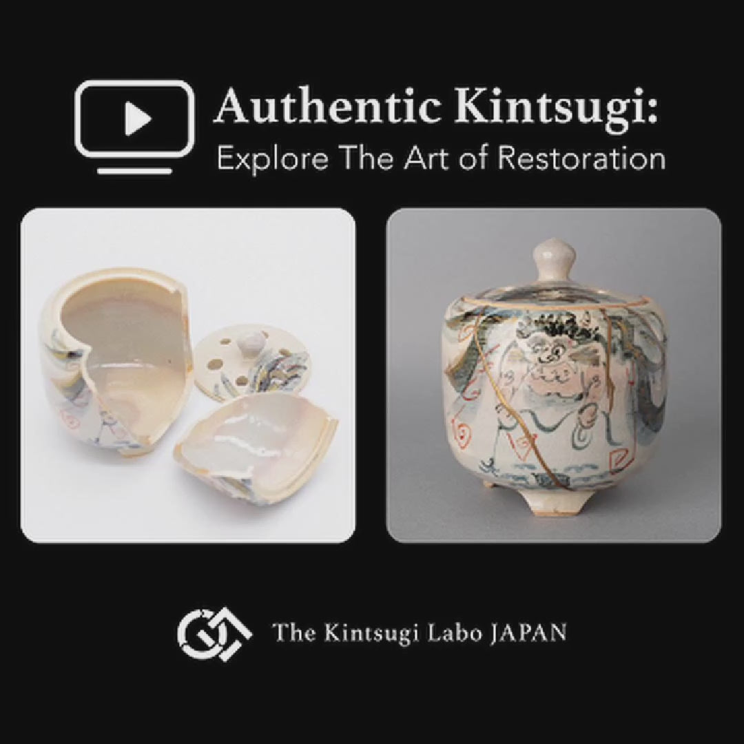 The kintsugi process documented: an ancient Kyoto incense burner transformed through the art of revival from broken to beautiful.