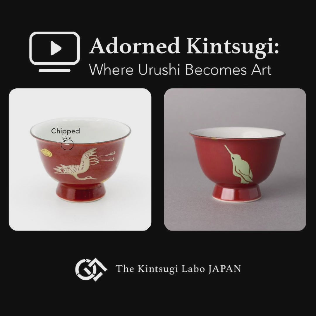 A lacquer artist restoring a Kyoto ware sake cup with natural urushi and 24K gold, showing the kintsugi process in the studio.