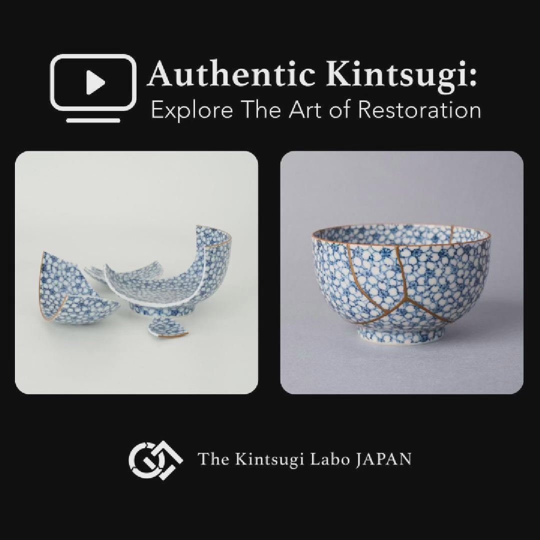 Work-scene video of a Kyoto ware kintsugi tea cup being restored with 100% natural urushi and 24K gold in the studio.