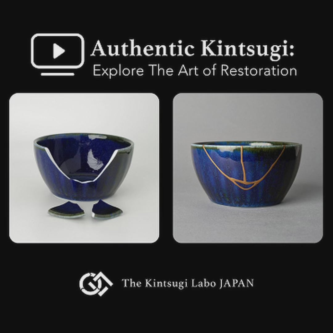 Work-scene video of a Mino ware kintsugi bowl being restored with 100% natural urushi and 24K gold by a lacquer artist in Japan.