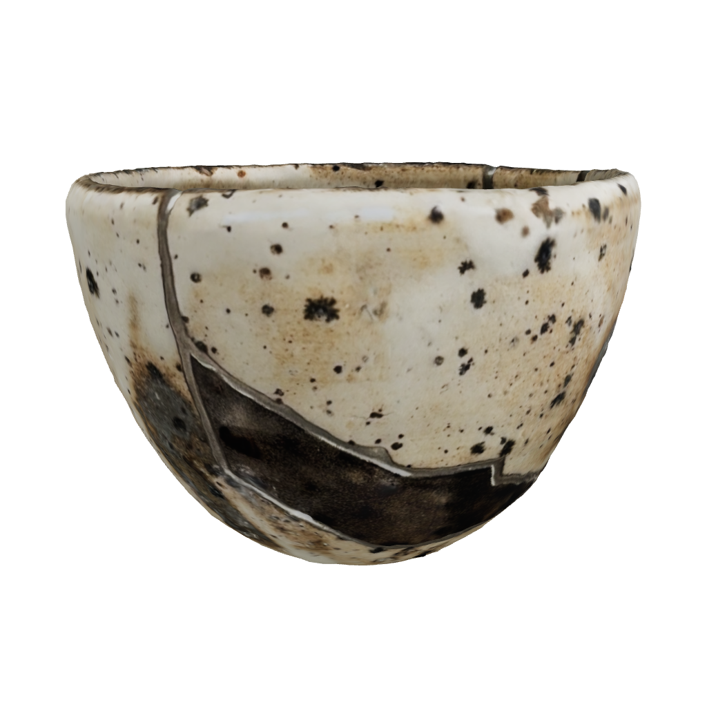 Explore the art of Kintsugi: Interactive 3D photo showcasing repaired pottery.