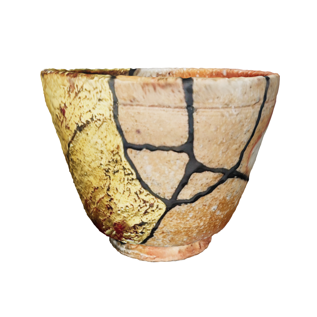 An interactive 3D model of the restored Shigaraki kintsugi cup, allowing for a deep exploration of its history and the cultural storytelling in its form.